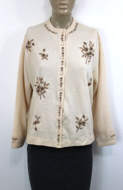 Vintage 60s Floral Embroidered Mod Flower Ivory Wool Cardigan Sweater SF 44